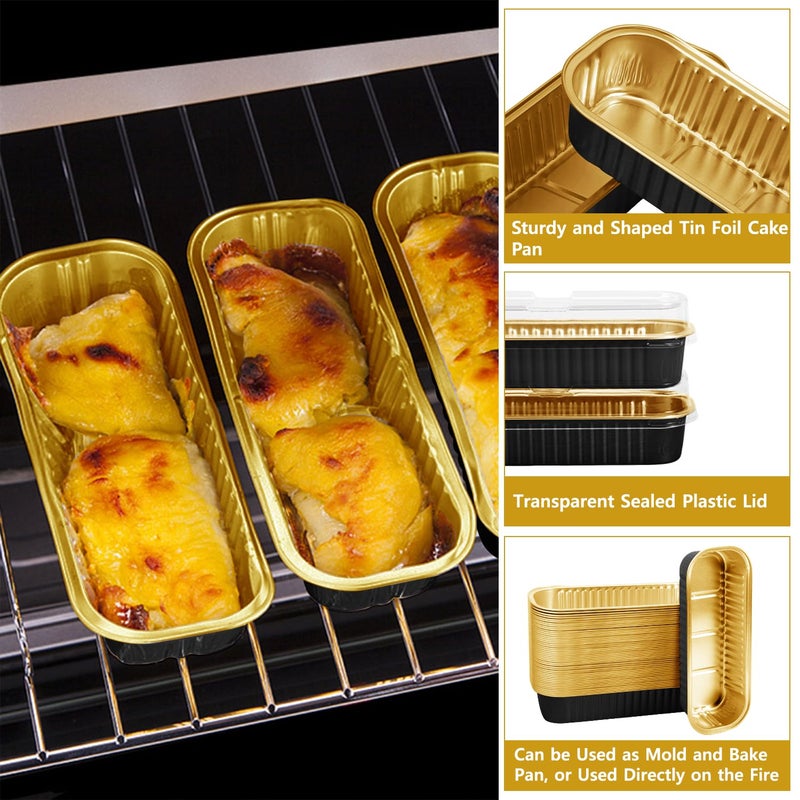 Ruckae 100 Pack Mini Loaf Pan Mini Loaf Baking Pans with Lids and Spoons,Disposable Aluminum Foil Pans, Rectangle Tin Foil Pans with Lids for Home, Pary, Picnics (Black Gold) - Image 3